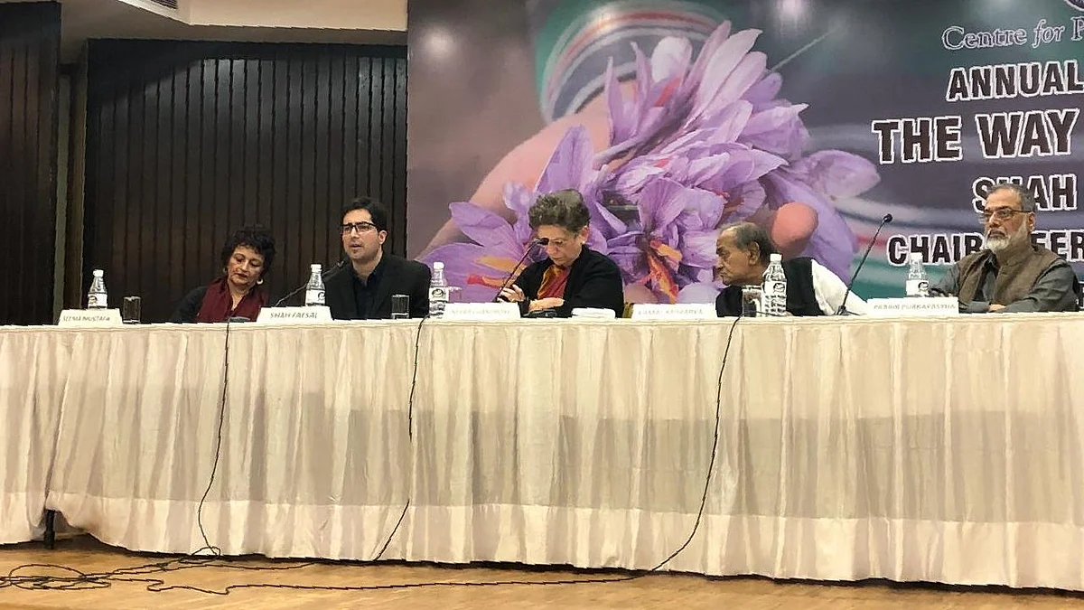 Former IAS officer Shah Faesal speaking at an event in Delhi. 
