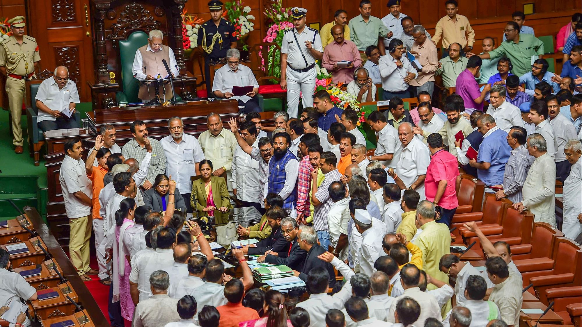 BJP MLAs stormed the well of the House during the first day of the Karnataka Budget Session on Tuesday, 6 February.