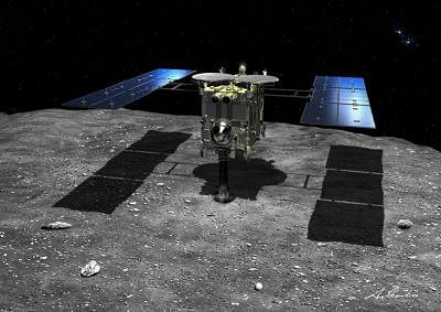 TOKYO, Feb. 22, 2019 (Xinhua) -- Simulated picture shows Hayabusa2 touching down on the asteroid Ryugu. Japan