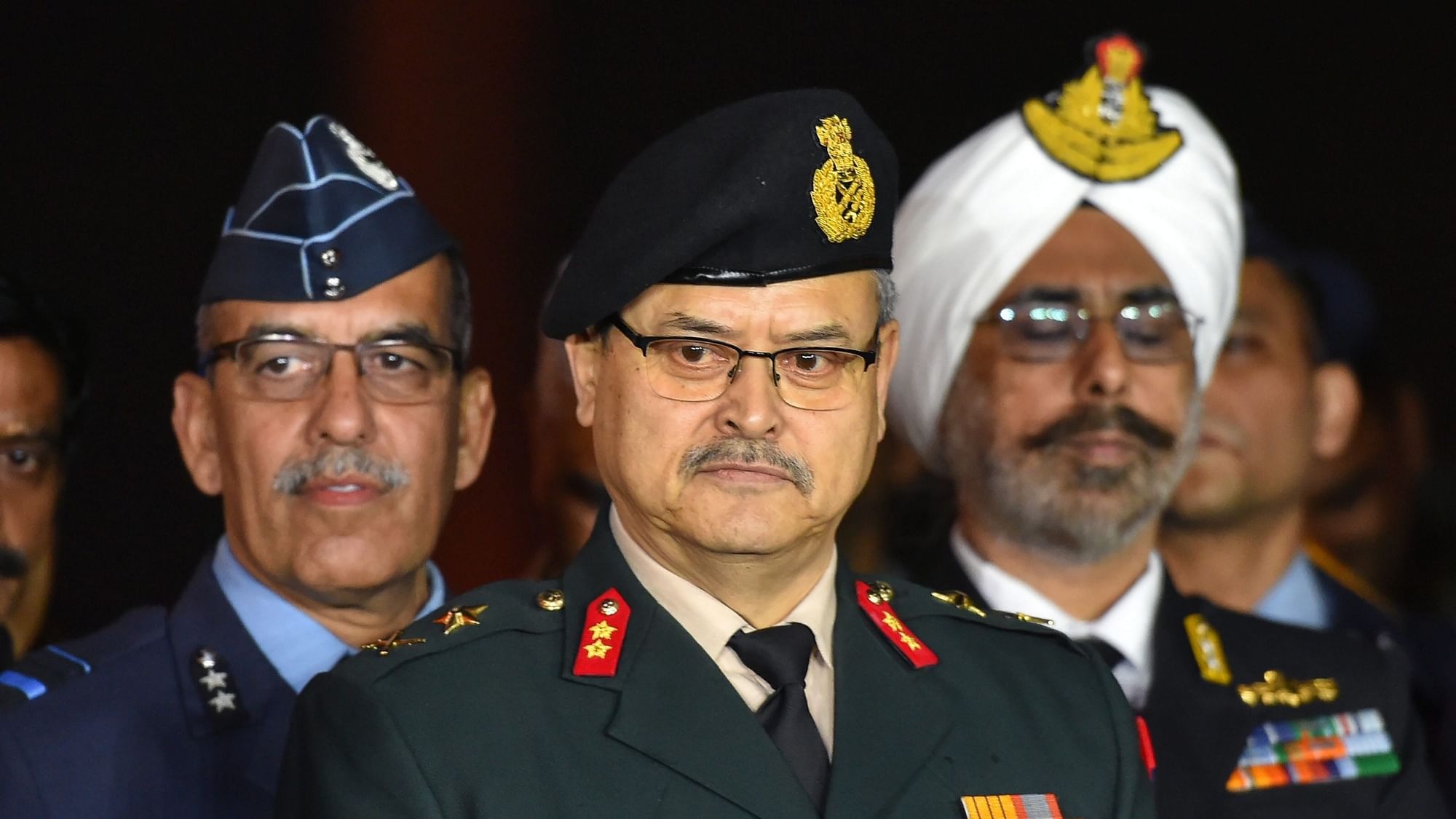Air Vice Marshal RGK Kapoor (left), Army Major General SS Mahal (centre) and Rear Admiral Dalbir Singh Gujral (right) during a joint press briefing.