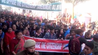 Imphal: Students participate in a protest march to press for scrapping of the Citizenship (Amendment) Bill in Imphal, on Jan 15, 2019. (Photo: IANS)