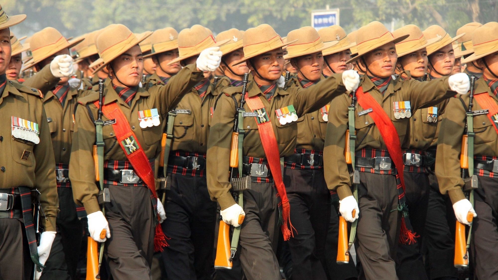  Assam Rifles contingent during 2019 Republic Day parade rehearsals at Rajpath in New Delhi.&nbsp;