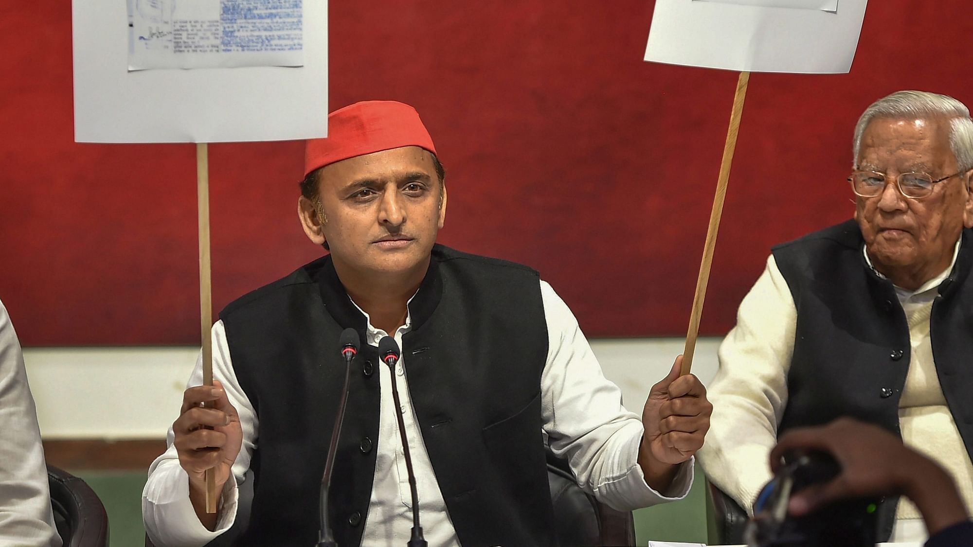 Samajwadi Party President and former Uttar Pradesh Chief Minister Akhilesh Yadav addresses a press conference after he was stopped at Chaudhary Charan Singh International Airport in Lucknow.