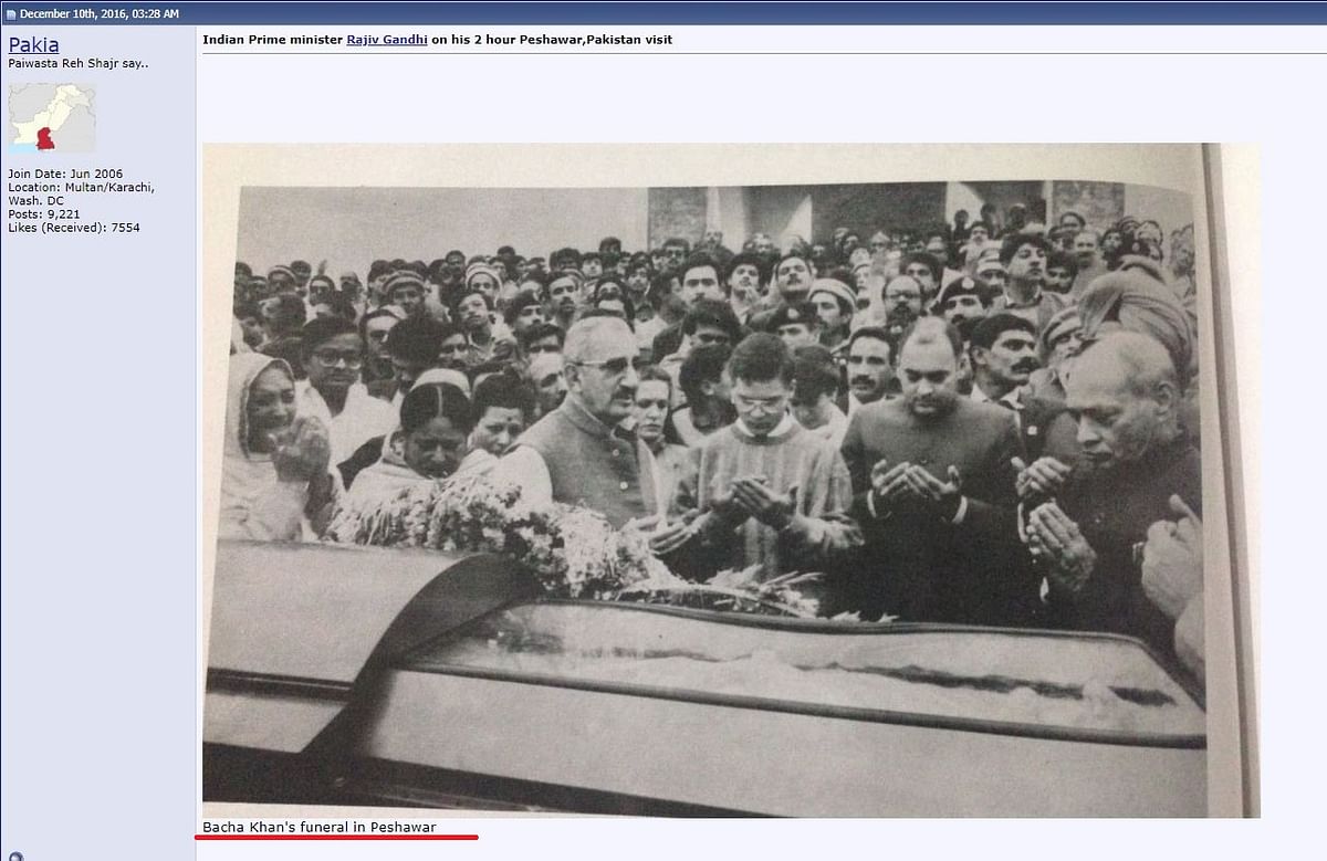 While the picture is not fake, the two Gandhis are not offering prayers to Indira’s coffin. 