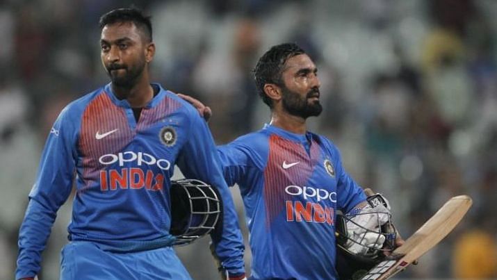 File photo of Krunal Pandya (left) and Dinesh Karthik after India beat West Indies in their first T20I at Kolkata in November 2018.
