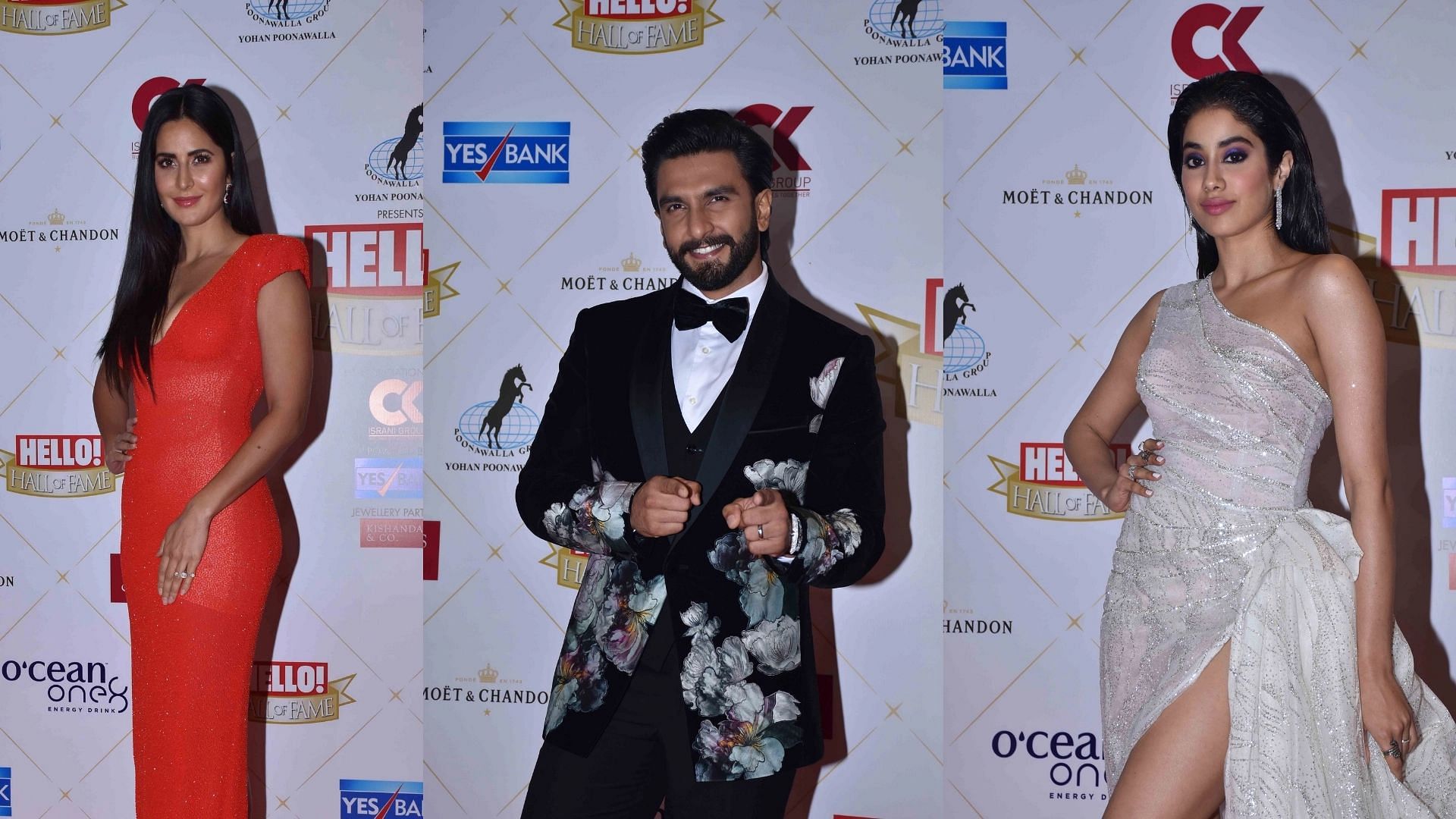 Katrina Kaif, Ranveer Singh and Janhvi Kapoor at a Bollywood awards event in Mumbai.