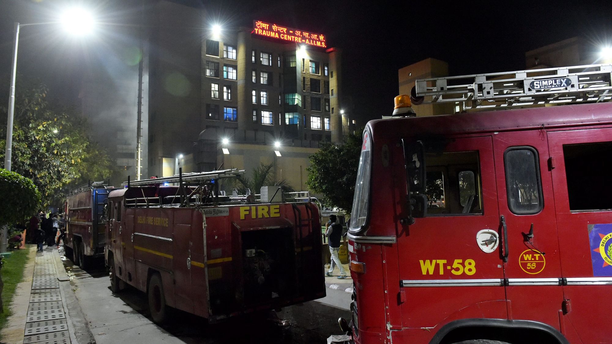 Fire tenders at AIIMS Trauma Centre after a fire, in New Delhi on Sunday.