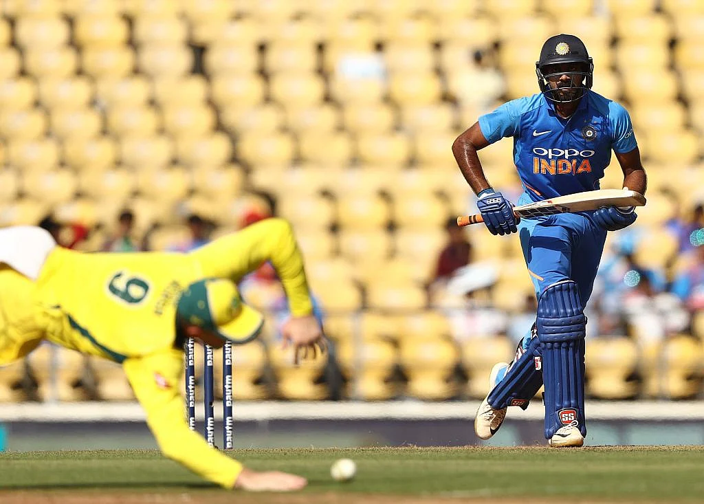 Vijay Shankar stroked a composed 41-ball 46 in the second ODI between India and Australia at Nagpur, before being run-out in unfortunate fashion.