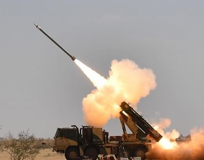Pokhran: Defence Research and Development Organisation (DRDO) successfully test fired the Guided PINAKA from Pokhran ranges, in Rajasthan on March 11, 2019. (Photo: IANS/PIB)