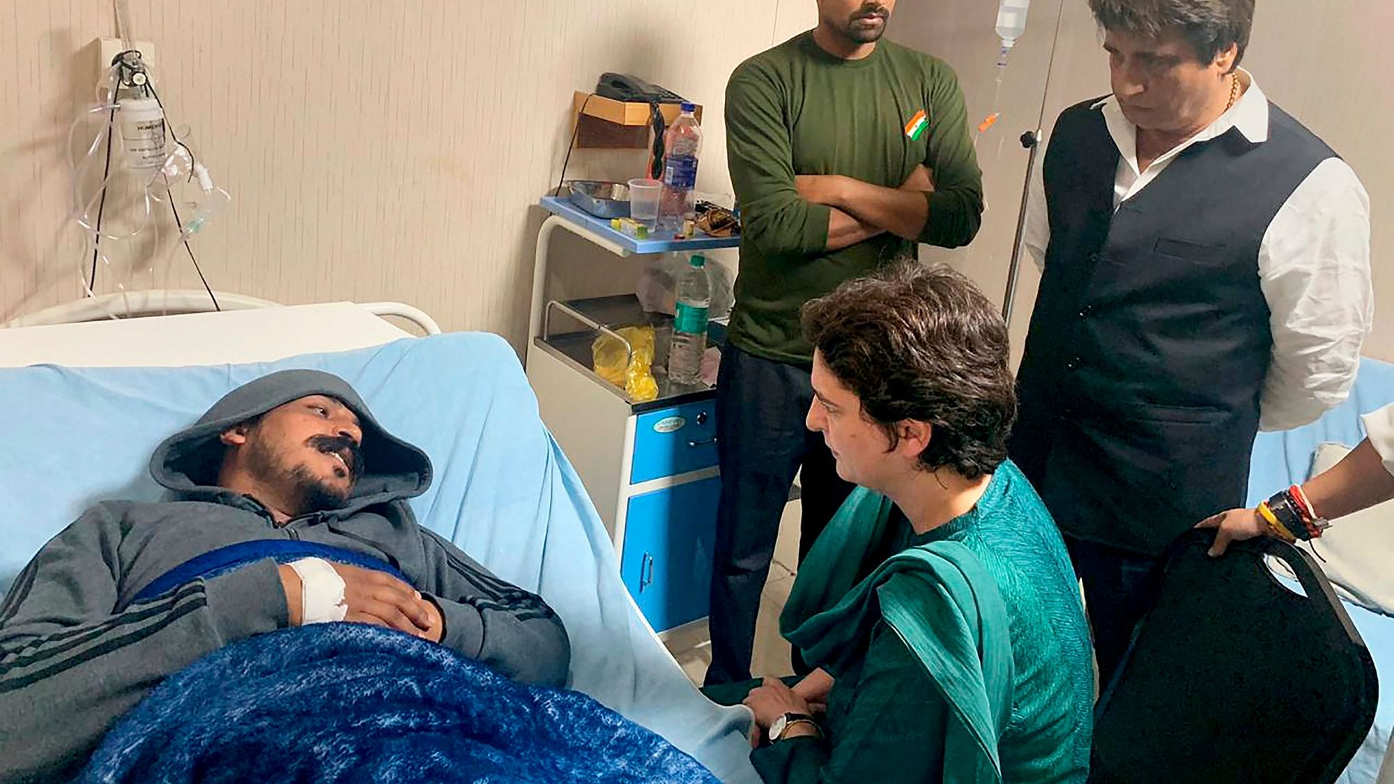 Congress General Secretary Priyanka Gandhi Vadra visits Bhim Army chief Chandrashekhar Azad at a hospital in Meerut on Wednesday.&nbsp;