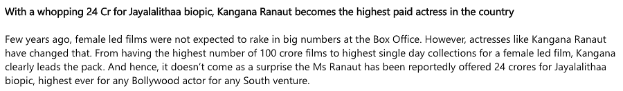 Is Kangana Ranaut the highest paid actress in India?