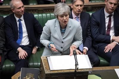 LONDON, March 25, 2019 (Xinhua) -- British Prime Minister Theresa May (Front) is seen during the Prime Minister