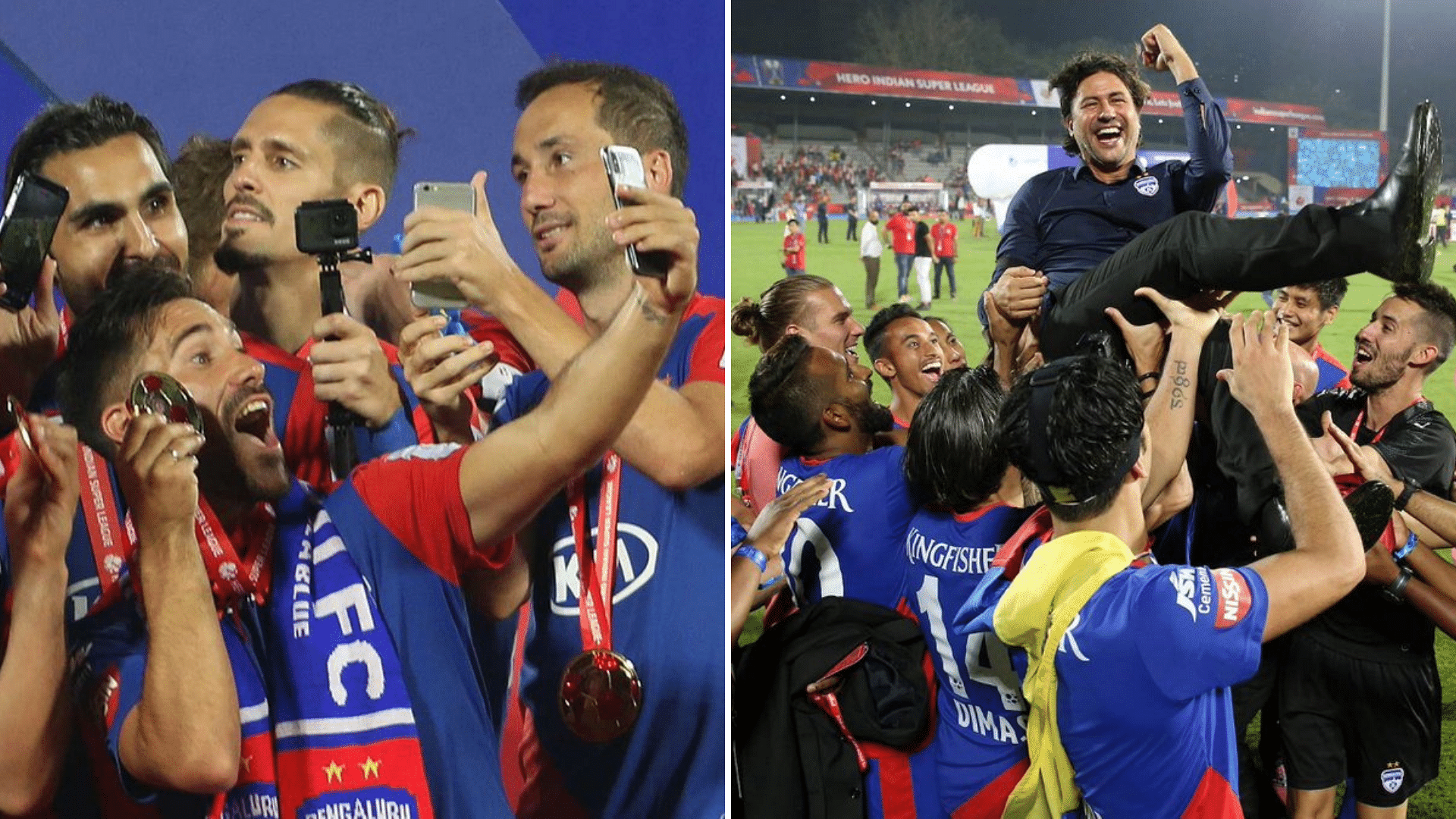 Bengaluru FC celebrate after being crowned ISL champions for the first time following an extra time win over FC Goa in the 2018/19 final at Mumbai.