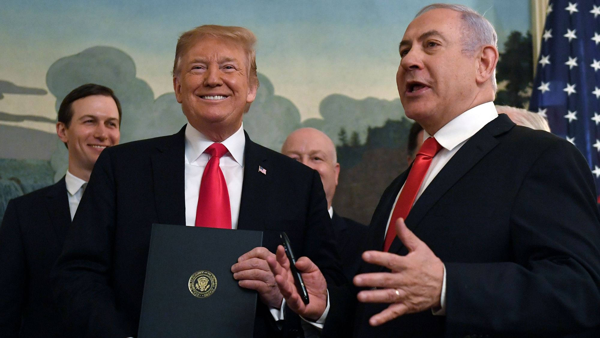 US President Donald Trump (left) and Israeli Prime Minister Benjamin Netanyahu (right). Trump signed an official proclamation formally recognising Israel’s sovereignty over the Golan Heights at the White House in Washington, on Monday, 25 March 2019.