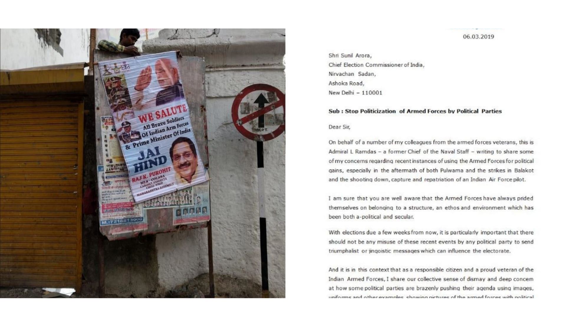 (Left) A poster seen advertising the armed forces. Admiral L Ramdas’ letter to the Election Commission.&nbsp;