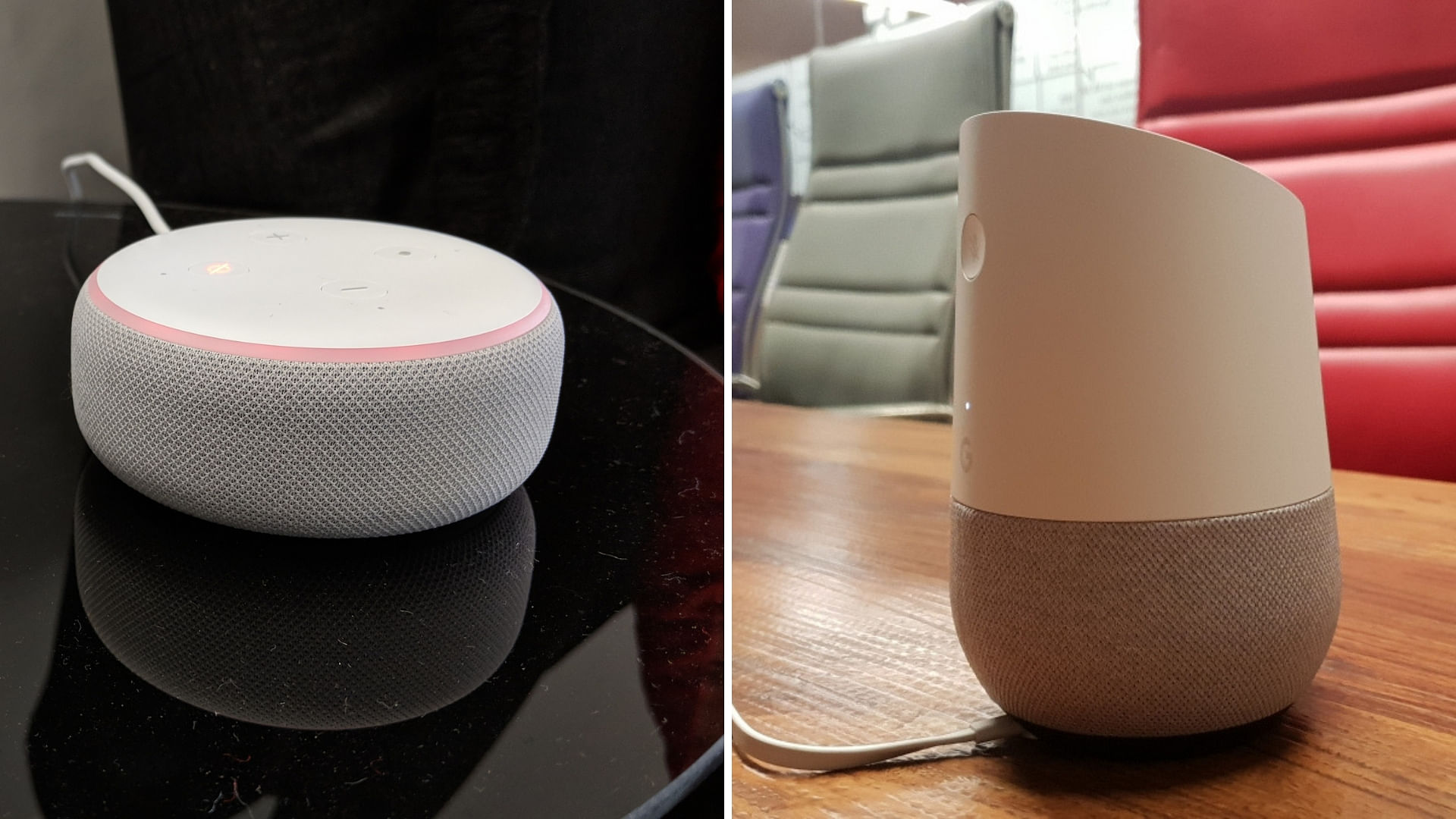 Amazon Echo Dot 2018 (left) and Google Home (right)