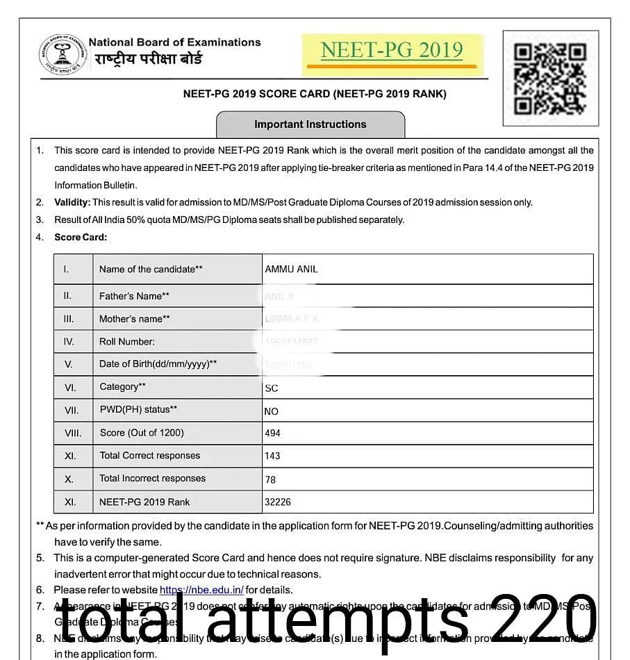Screenshot of NEET PG 2019 score card.