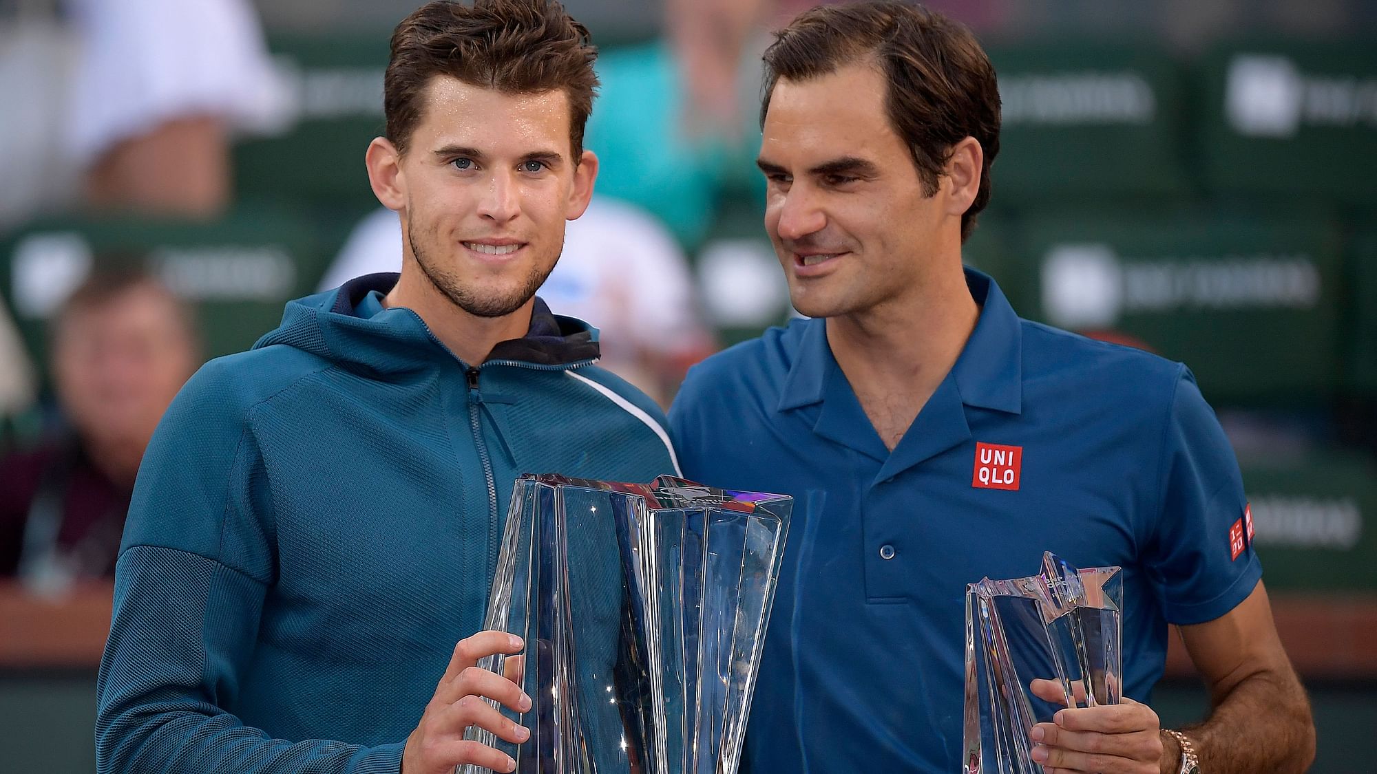 Dominic Thiem (left) beat Roger Federer 3-6, 6-3, 7-5 in the Indian Wells Masters final.
