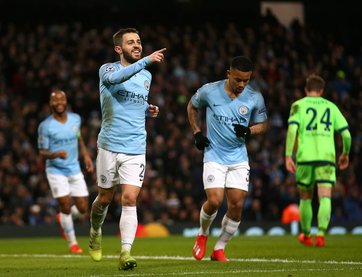 Manchester City’s Bernardo Silva celebrates after scoring his side’s fifth goal during the Champions League round of 16 second leg, soccer match.