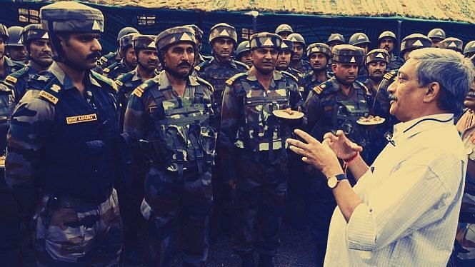 File photo of the then Defence Minister Manohar Parikkar interacting with soldiers at the Uri Brigade camp, which was attacked by terrorists on 18 September, 2016.