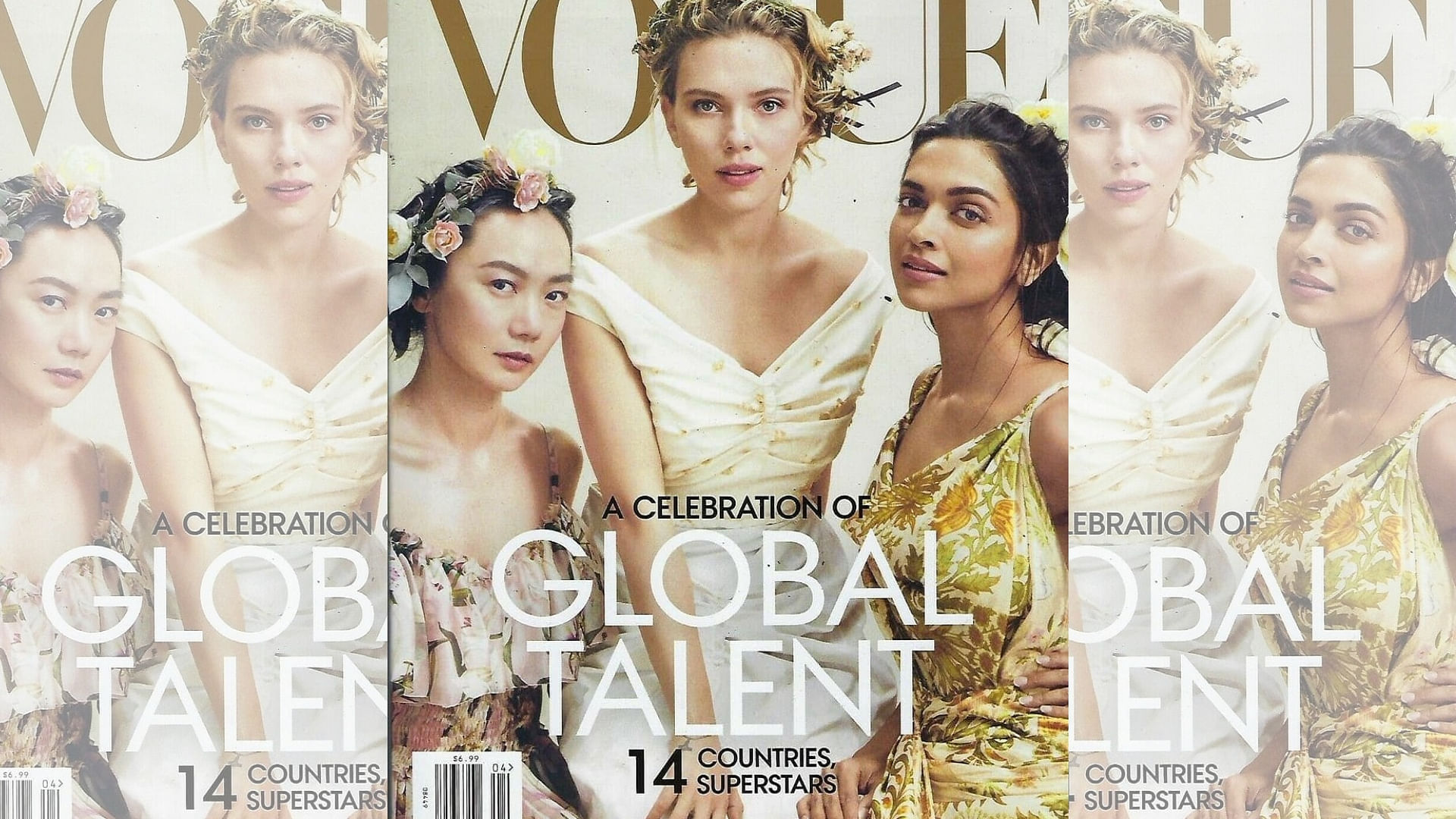 Deepika Padukone, Scarlett Johansson, and Bae Doona pose for the Vogue US April cover.
