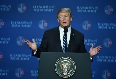 HANOI, Feb. 28, 2019 (Xinhua) -- U.S. President Donald Trump speaks at a press conference in Hanoi, Vietnam, Feb. 28, 2019. A gap remained between what the Democratic People