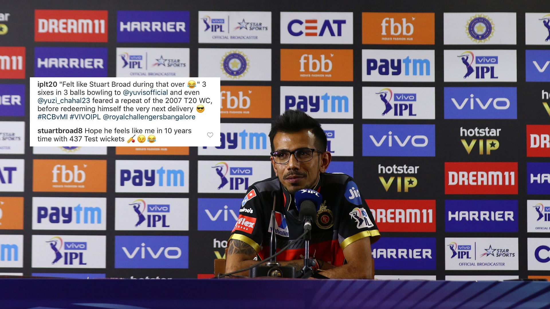 Yuzvendra Chahal was trolled by Stuart Broad over his comment on Yuvraj Singh’s three sixes in IPL 2019 MI vs RCB match on Thursday, 28 March.&nbsp;