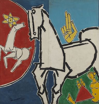 M.F. Husain. Lightning (detail), 1975; Oil on canvas. Twelve panels, overall: H. 3 m. x W. 18 m; Marguerite and Kent Charugundla Collection. (Photo Source: asiasociety.org)