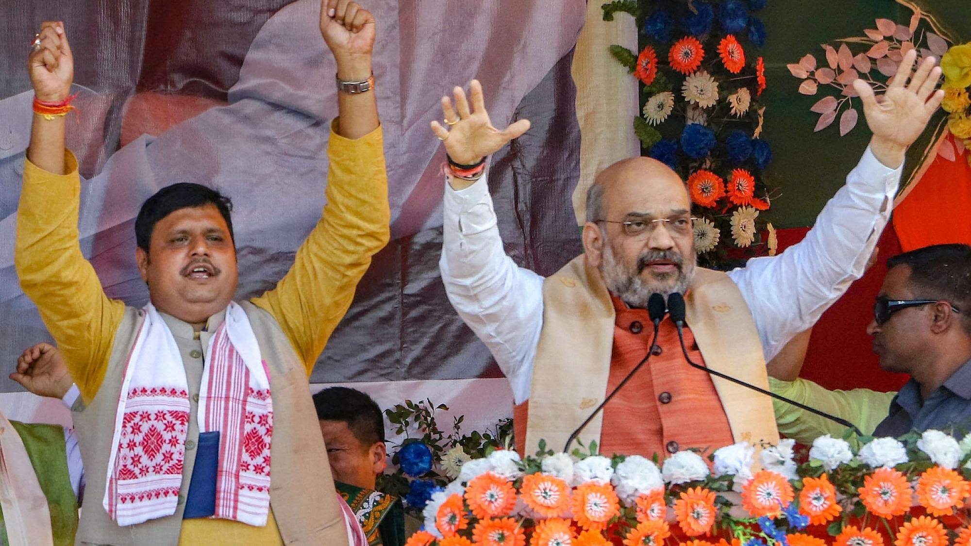 BJP President Amit Shah addresses an election campaign rally in support of Asom Gana Parishad (AGP)-BJP alliance candidate in Kaliabor.