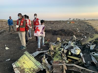 ADDIS ABABA, March 10, 2019 (Xinhua) -- Rescuers work beside the wreckage of an Ethiopian Airlines