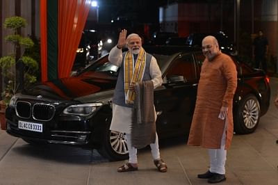 New Delhi: Prime Minister and BJP leader Narendra Modi and party chief Amit Shah arrive to attend the Central Election Committee meeting at party