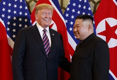 Hanoi: This AP photo shows U.S. President Donald Trump (L) and North Korean leader Kim Jong-un smiling before a summit meeting at the Sofitel Legend Metropole Hanoi on February 27, 2019. (Yonhap/IANS)