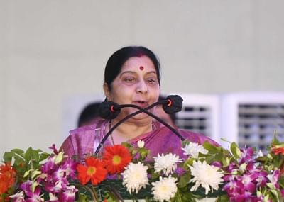 New Delhi: Union Minister for External Affairs Sushma Swaraj addresses at the foundation stone laying of Dwarka Expressway and Delhi-Mumbai Expressway; and inauguration of Jaipur ring road, at Dwarka, in New Delhi on March 8, 2019. (Photo: IANS/PIB)