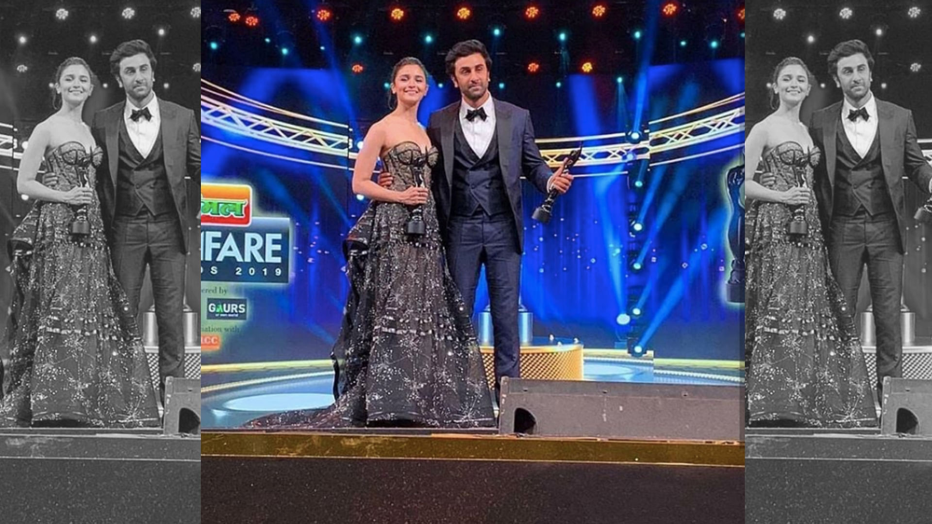 Alia Bhatt and Ranbir Kapoor on stage at the Filmfare Awards 2019.
