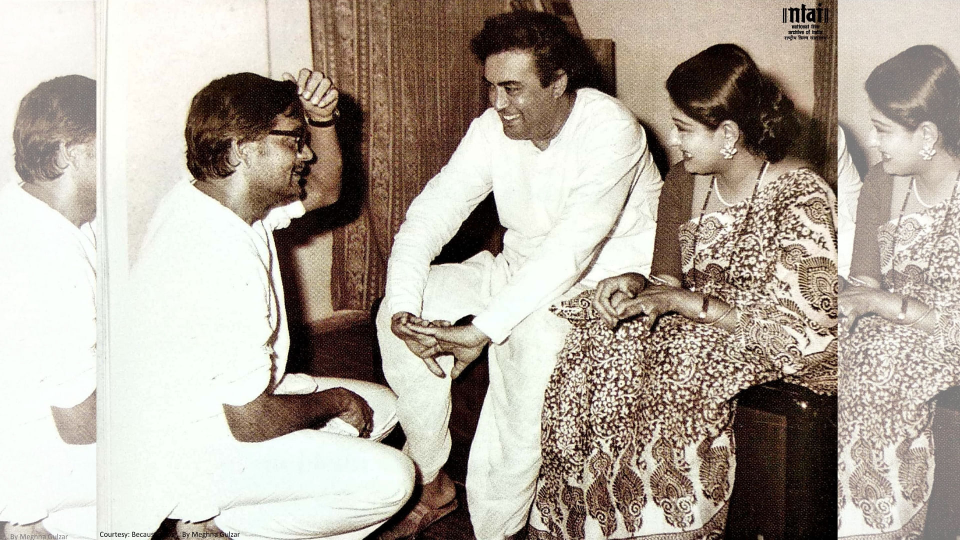 Gulzar with Sanjeev Kumar and Moushmi Chatterjee on the sets of <i>Angoor (1982)</i>