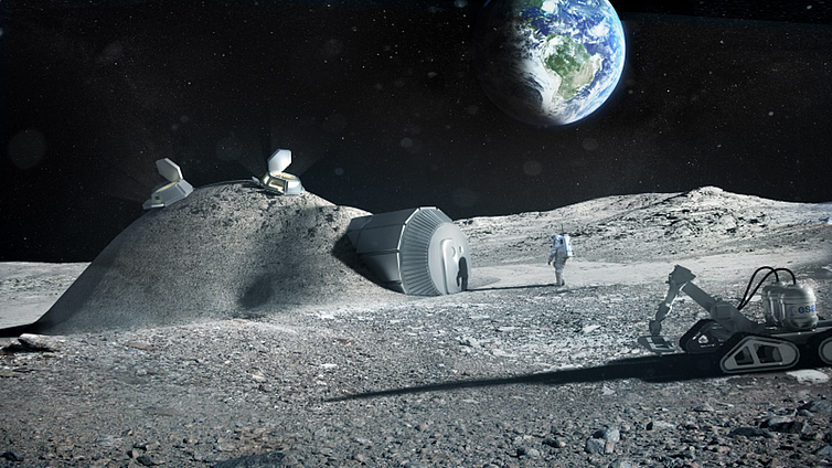 A rendering of a possible lunar habitat, featuring elements printed in 3D with lunar soil. <br>