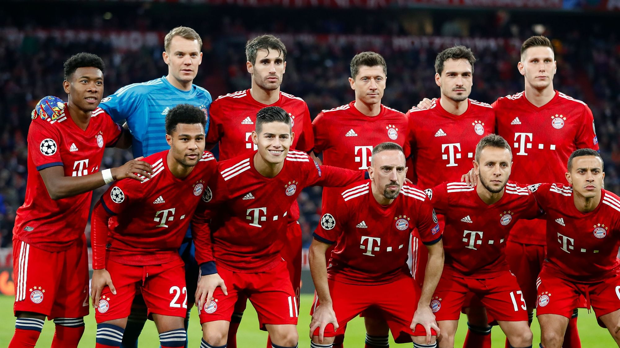 Bayenr Munich’s players pose for a team picture before the Champions League round of 16 second leg soccer match between Bayern Munich and Liverpool at the Allianz Arena, in Munich, Germany, Wednesday, March 13, 2019.&nbsp;