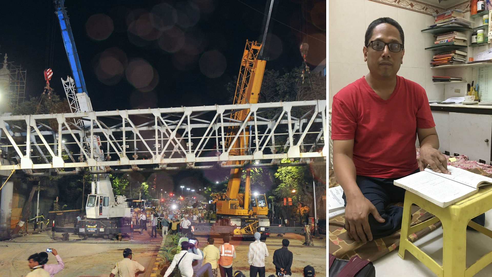 (Left) Civic authorities are seen dismantling the bridge that collapsed on 15 March, 2019 (Right) Railway activist Sameer Zaveri.