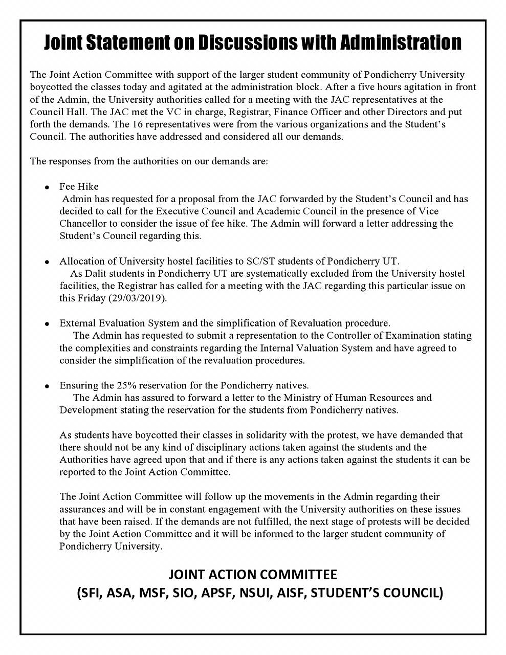 Demands put forth by the Joint Action Committee. 