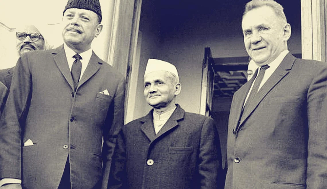 Prime Minister Lal Bahadur Shastri with Pakistani President Ayub Khan and Soviet premier Alexei Kosygin.