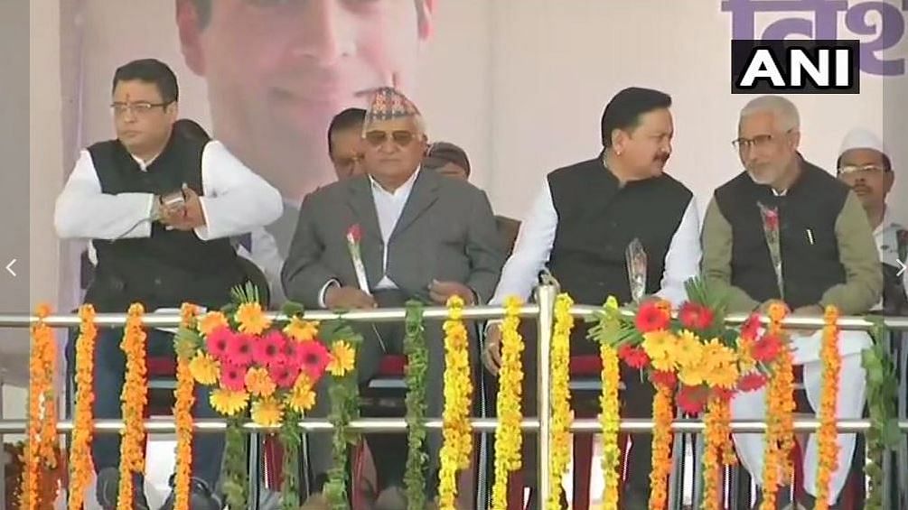 Manish Khanduri (extreme left in the picture), the son of former Uttarakhand CM and BJP leader Maj Gen (Retd) BC Khanduri, at the public rally of Congress in Dehradun. 