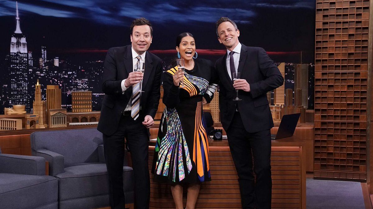 Lilly Singh with chat show hosts Jimmy Fallon and Seth Meyers.