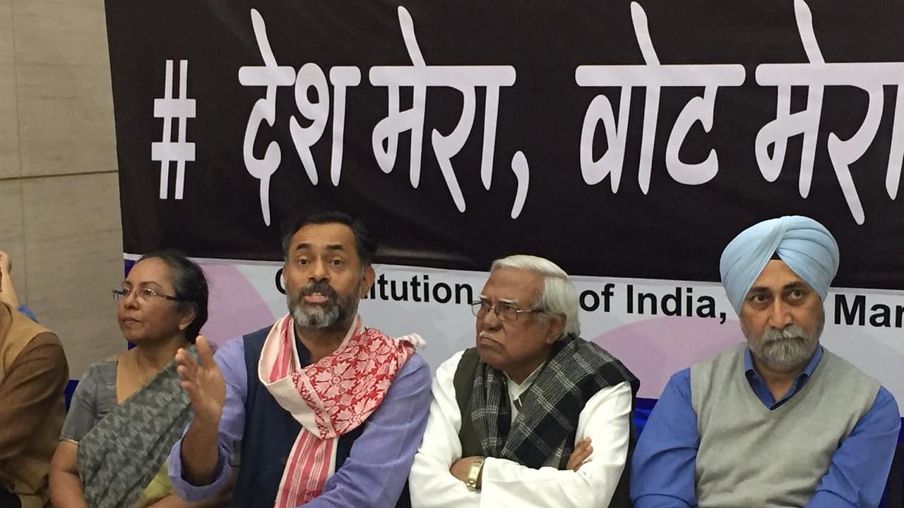 Swaraj India president Yogendra Yadav (2nd from L) at the launch of “My Country, My Issues, My Vote” campaign in Delhi on 18 March 2019.