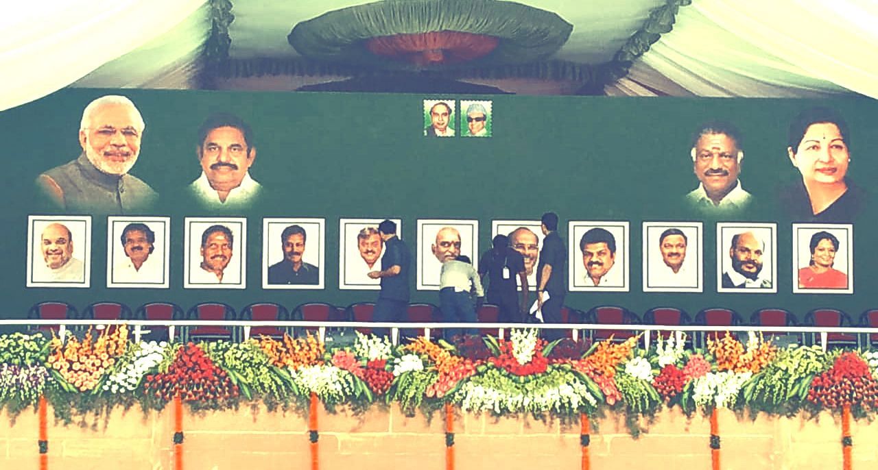 Photos of Vijayakanth (DMDK) and GK Vasan (TMK) in full display at the venue of BJP’s rally.