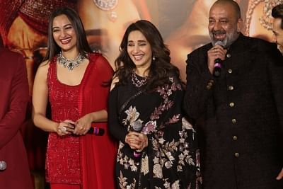 Mumbai: Actor Sanjay Dutt accompanied by co-actors Sonakshi Sinha and Madhuri Dixit Nene, addresses at the teaser launch of their upcoming film "Kalank" in Mumbai, on March 12, 2019. (Photo: IANS)