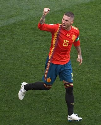 MOSCOW, July 1, 2018 (Xinhua) -- Sergio Ramos of Spain celebrates after Russia