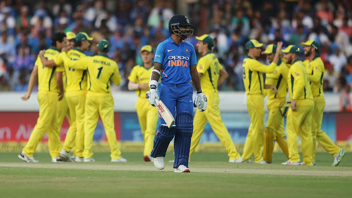 India’s Shikhar Dhawan leaves the field after his dismissal by Australia’s Nathan Coulter-Nile during the first one day international in Hyderabad on 2 March.