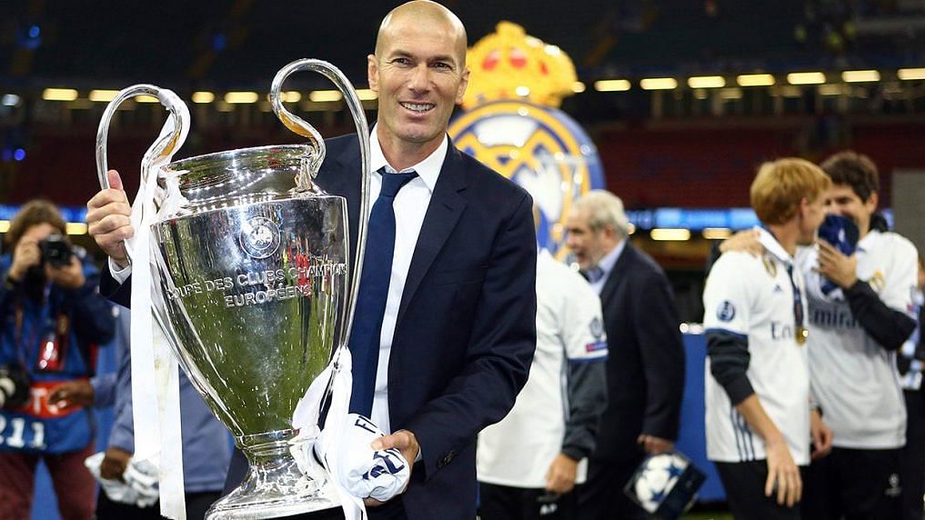 File picture of Zinedine Zidane posing with the UEFA Champions League trophy in 2017 – the second of three back-to-back titles won by Real Madrid.