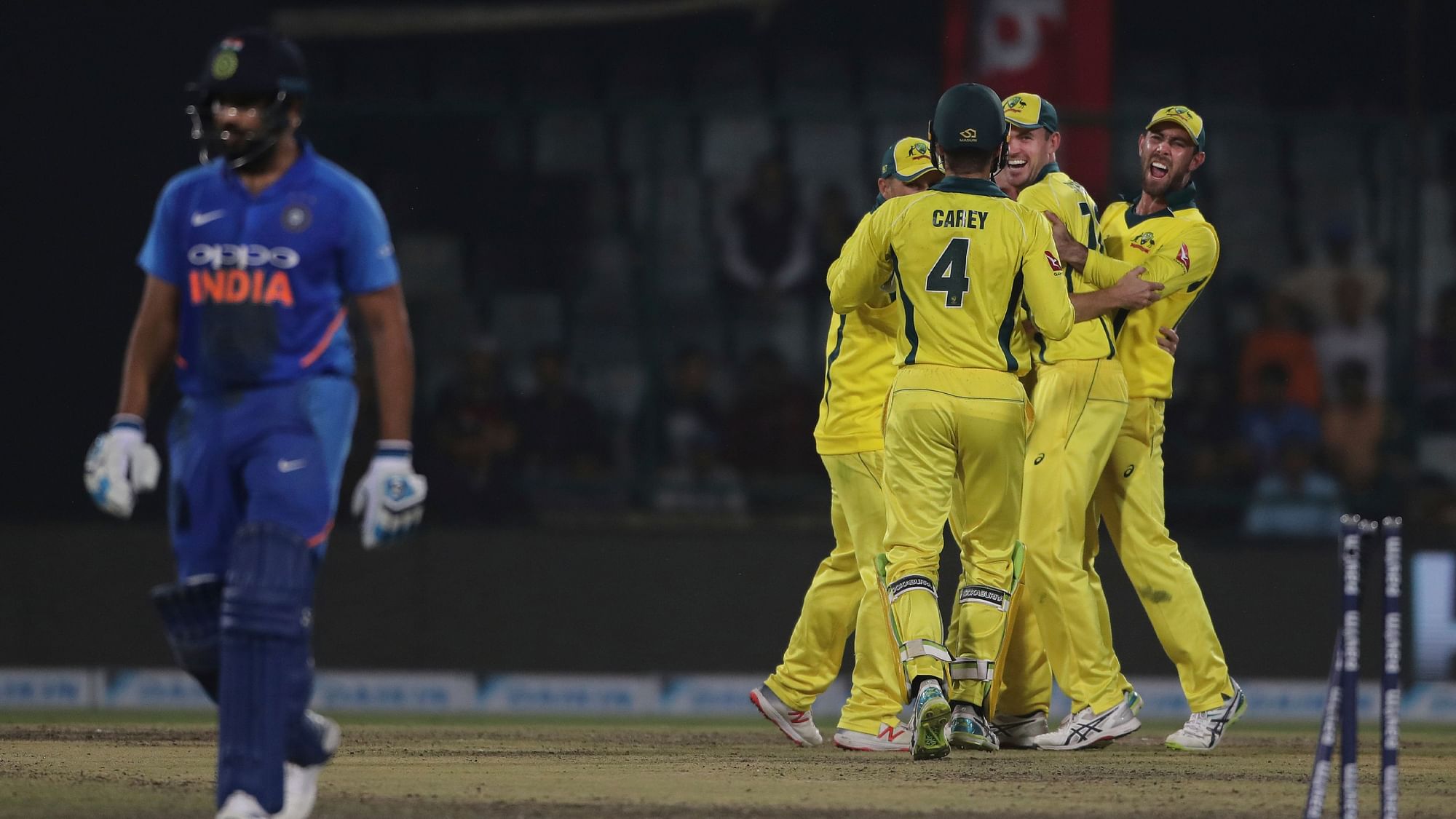 Australian cricketers celebrate the dismissal of Rohit Sharma in the fifth ODI in New Delhi on Wednesday.