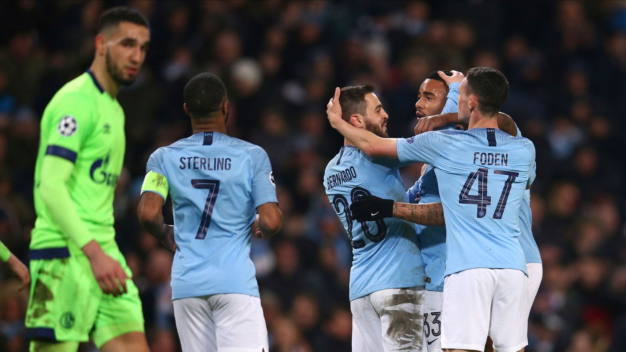 Manchester City players celebrate after  Gabriel Jesus scored his side’s seventh goal during the Champions League round of 16 second leg, soccer match.